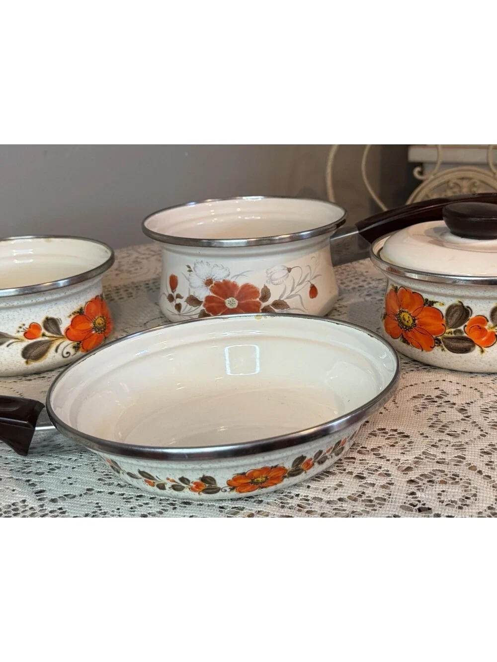 Vtg Sanko Ware Japan Show Pans 5Pc St Enamel Cookware Orange Poppy That 70s Show